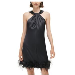 Eliza J Satin Feather Trimmed Sleeveless Mini Shift Cocktail Dress Black Size 10